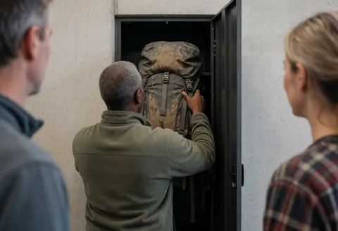 A man places a large hiking backpack into a concrete locker while two other people watch from behind in a mountain shelter.