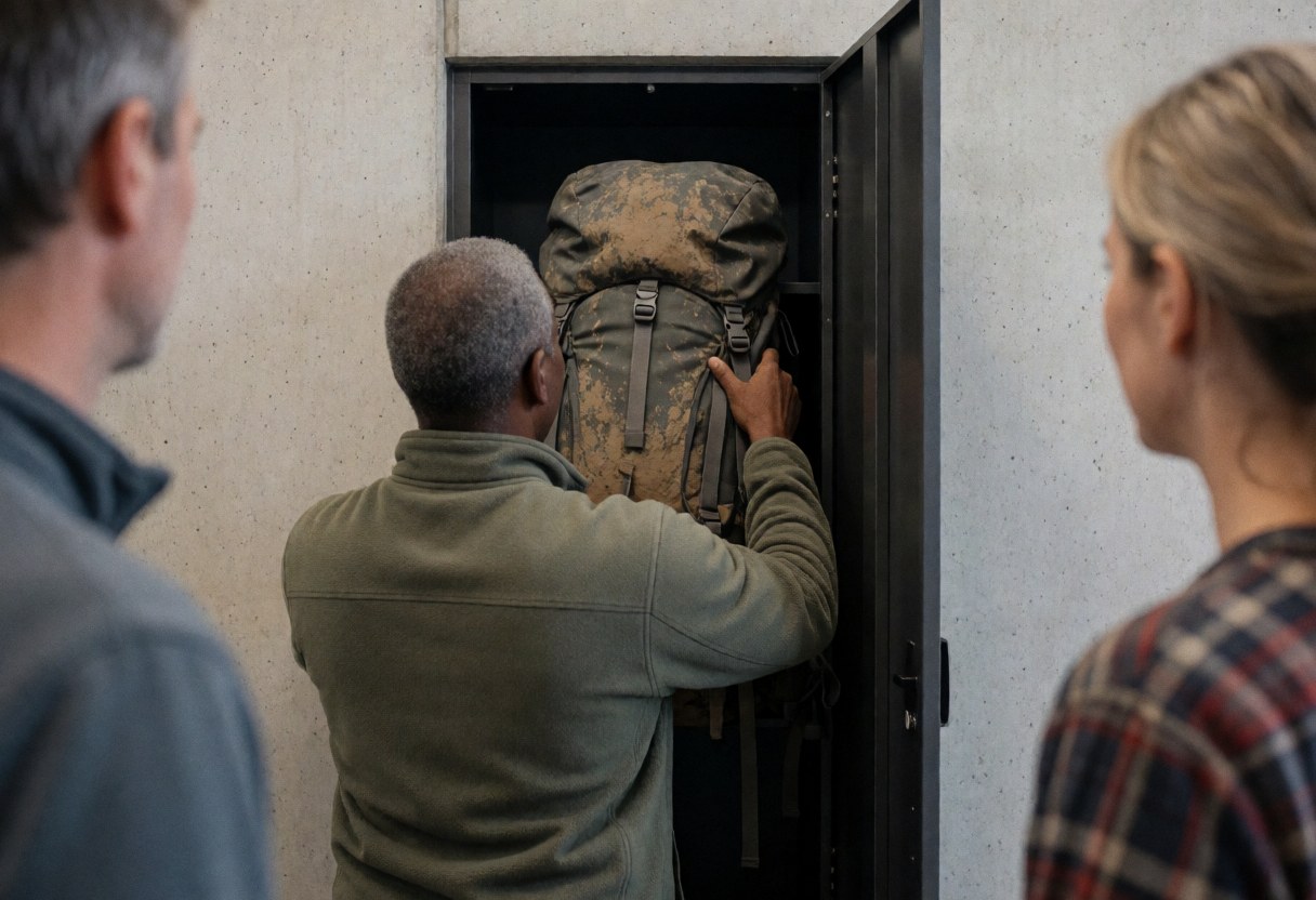 A man places a large hiking backpack into a concrete locker while two other people watch from behind in a mountain shelter.