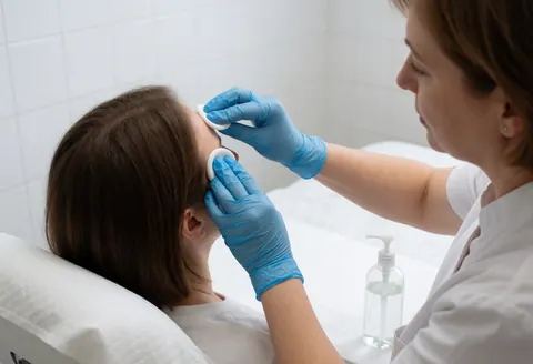 A professional wearing blue gloves cleans a client's forehead with a cotton pad near a solution bottle in a tiled room.