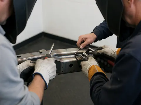 Two technicians wearing helmets and gloves adjust a weld on a metal vehicle chassis inside a white-walled workshop.