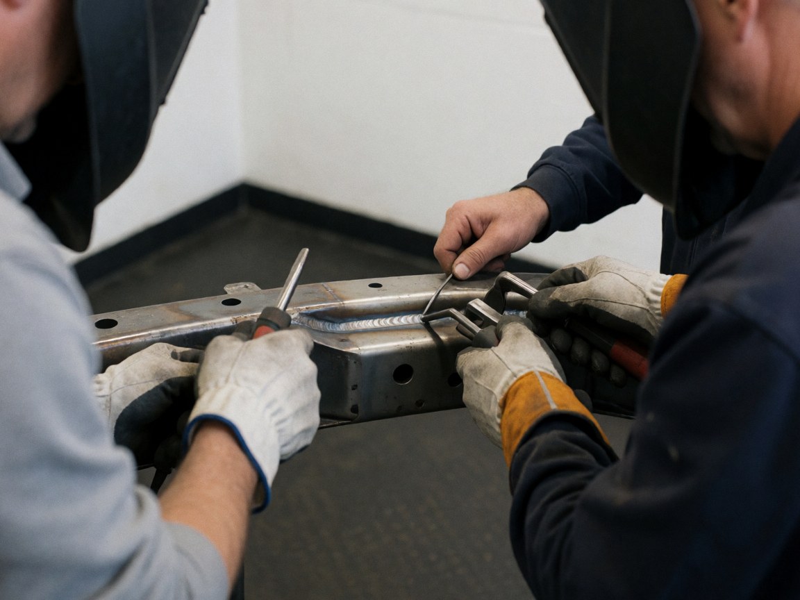 Two technicians wearing helmets and gloves adjust a weld on a metal vehicle chassis inside a white-walled workshop.