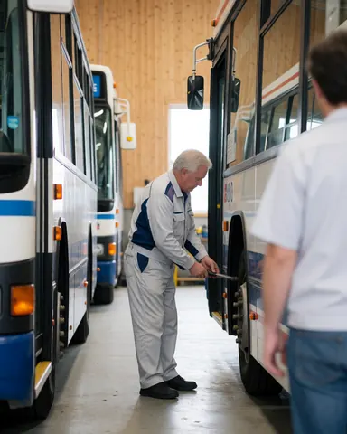 A mechanic inspects a bus wheel using a tool inside a workshop with light wood walls and another worker in the background