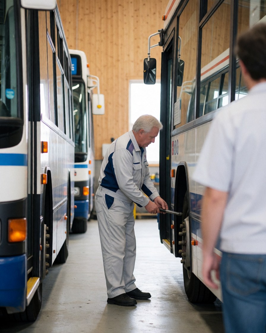 A mechanic inspects a bus wheel using a tool inside a workshop with light wood walls and another worker in the background