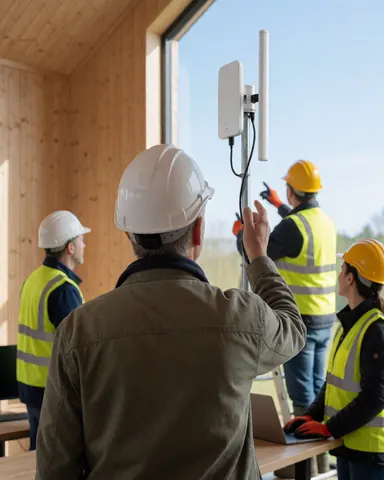 Workers in safety gear install a Wi-Fi antenna in a room with wooden walls, demonstrating professional installation services.
