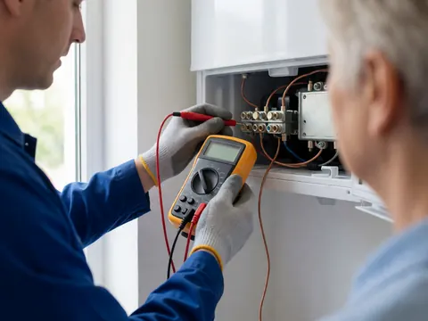 Technician wearing gloves uses a multimeter on refrigerator terminals while a customer watches from behind near a window with natural light.