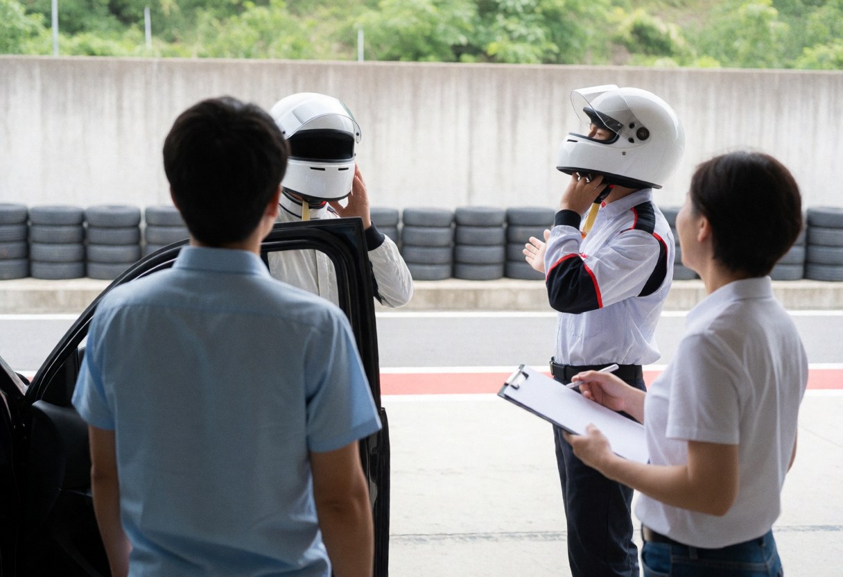 Marshal with clipboard reviewing driver in pit lane with tire and concrete barriers
