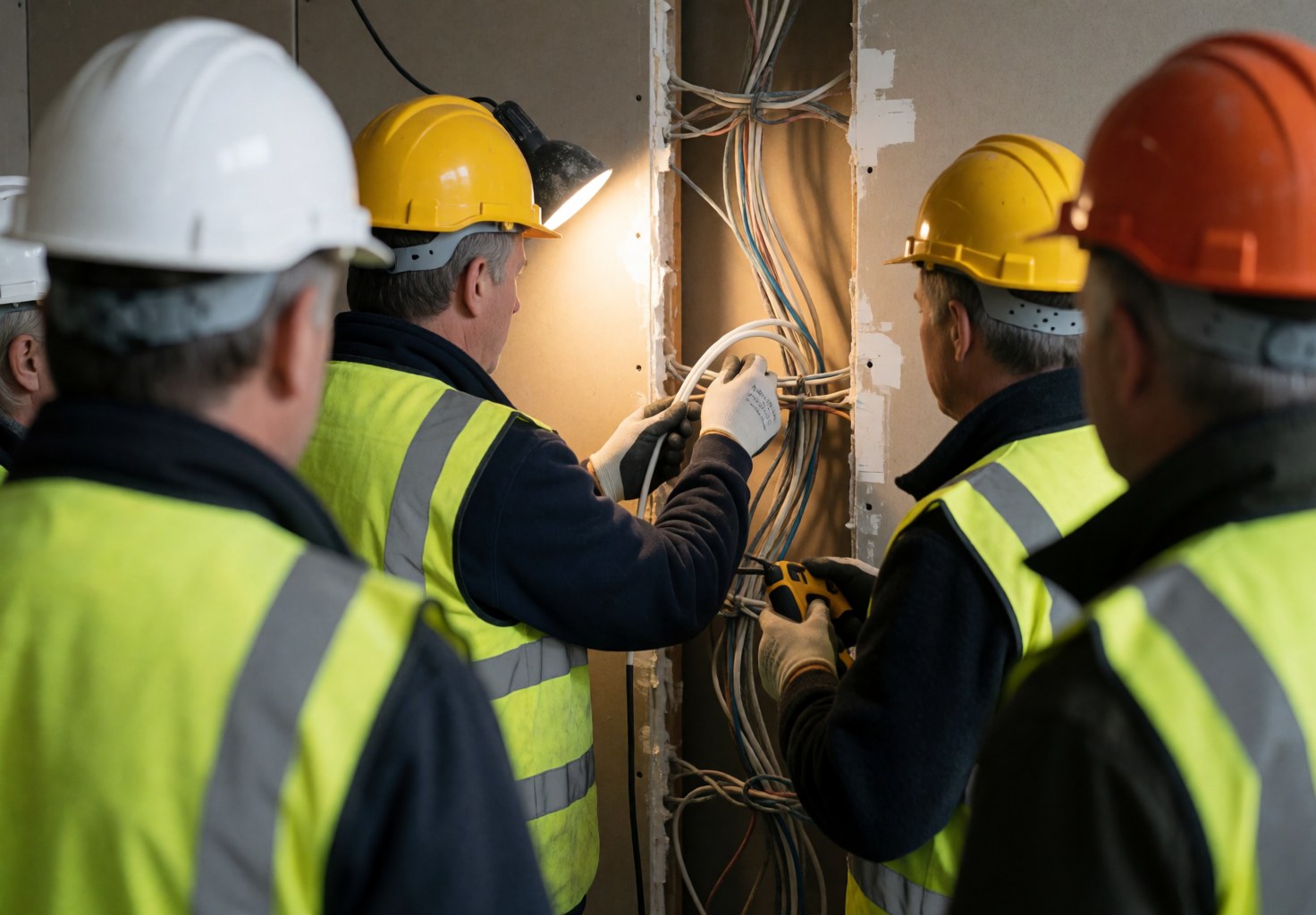 Electricians wearing safety helmets and vests working on wall wiring during a construction project