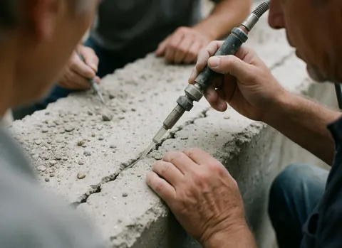 Close-up of a worker using an injection tool to apply resin into a concrete crack for foundation repair on a construction site