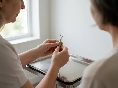 Close-up of hands arranging a metal facial cleansing tool on a tray in a modern salon setting with natural light.