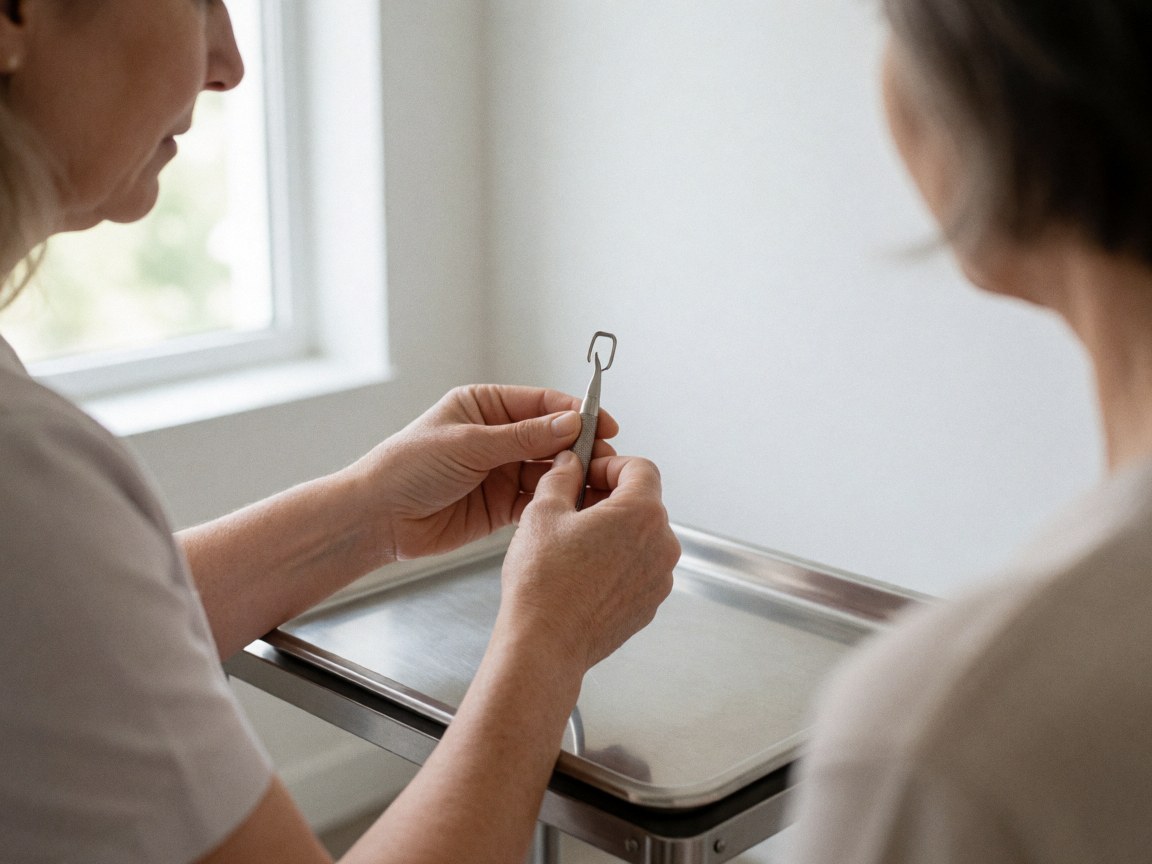 Close-up of hands arranging a metal facial cleansing tool on a tray in a modern salon setting with natural light.