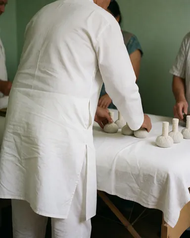 Herbal compresses being placed on a white cloth-covered table in a wellness space with soft green walls and warm lighting