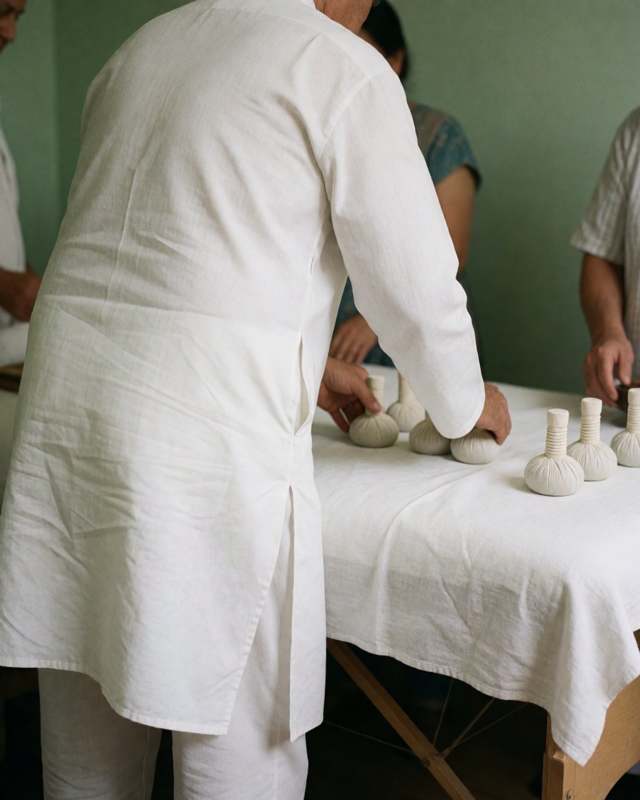 Herbal compresses being placed on a white cloth-covered table in a wellness space with soft green walls and warm lighting