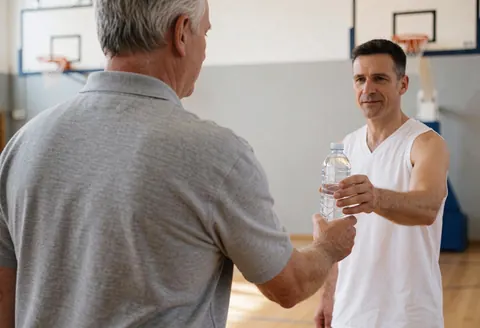 A basketball coach is handing a water bottle to a player on a wooden court with visible hoops in the background.