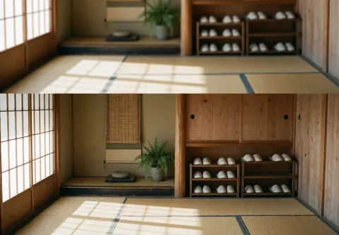 Serene Japanese entryway featuring tatami mats, bamboo accents, plants, and white shoes, ideal for a shiatsu center.
