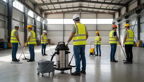 Workers in safety gear cleaning a large industrial warehouse floor with professional equipment.