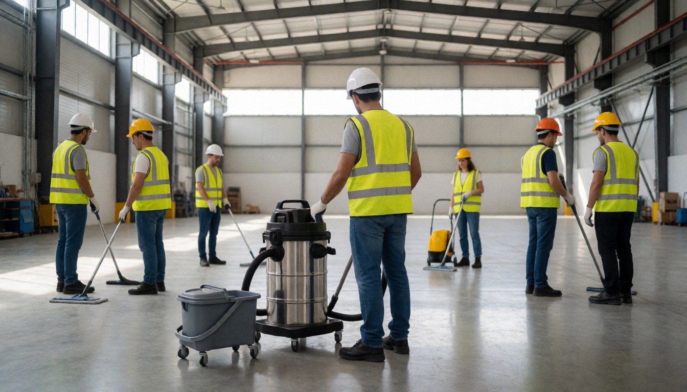 Workers in safety gear cleaning a large industrial warehouse floor with professional equipment.