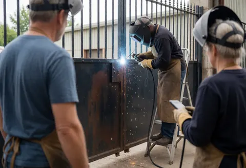 Welder in protective gear repairs a metal door hinge while sparks fly, with two observers watching from behind