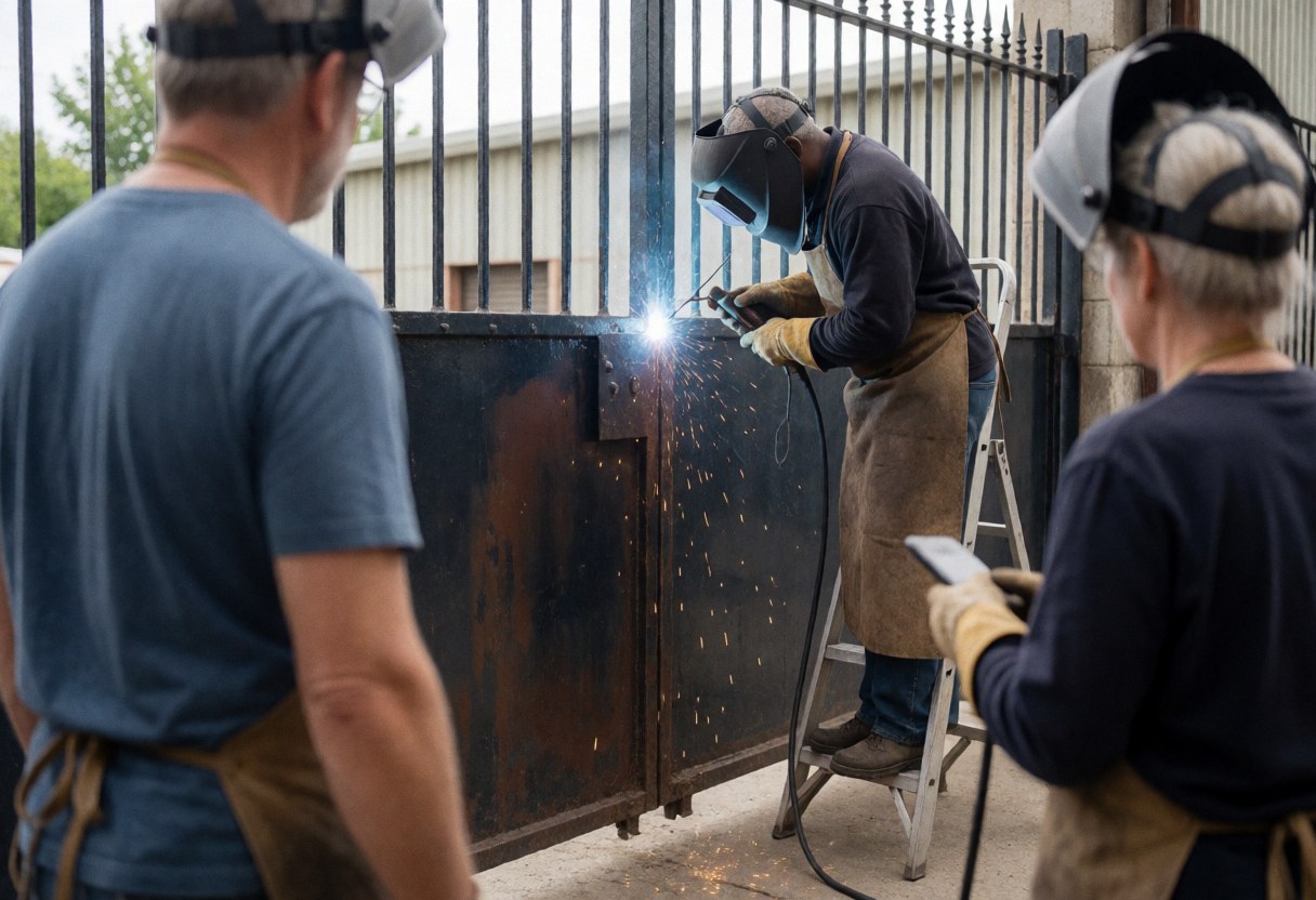 Welder in protective gear repairs a metal door hinge while sparks fly, with two observers watching from behind