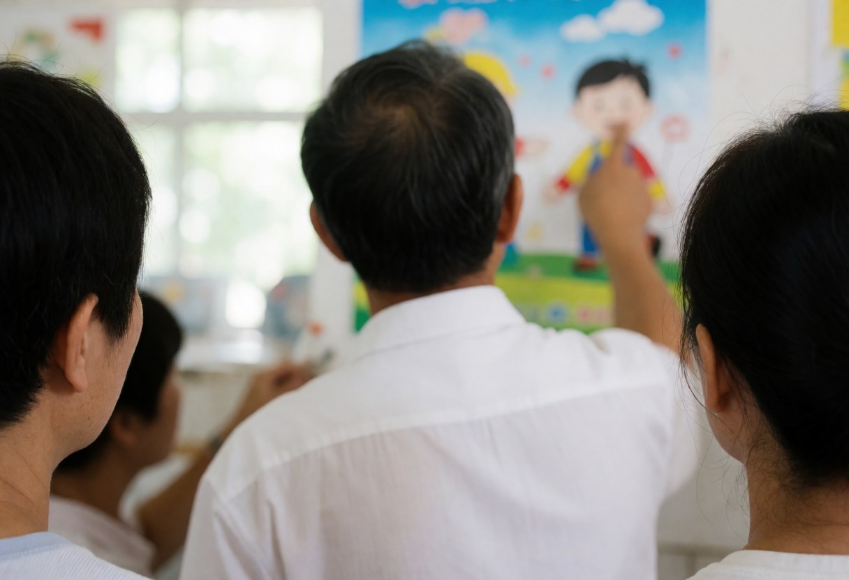 Spanish instructor pointing to a poster with drawings in a sunlit classroom with students seated in the background