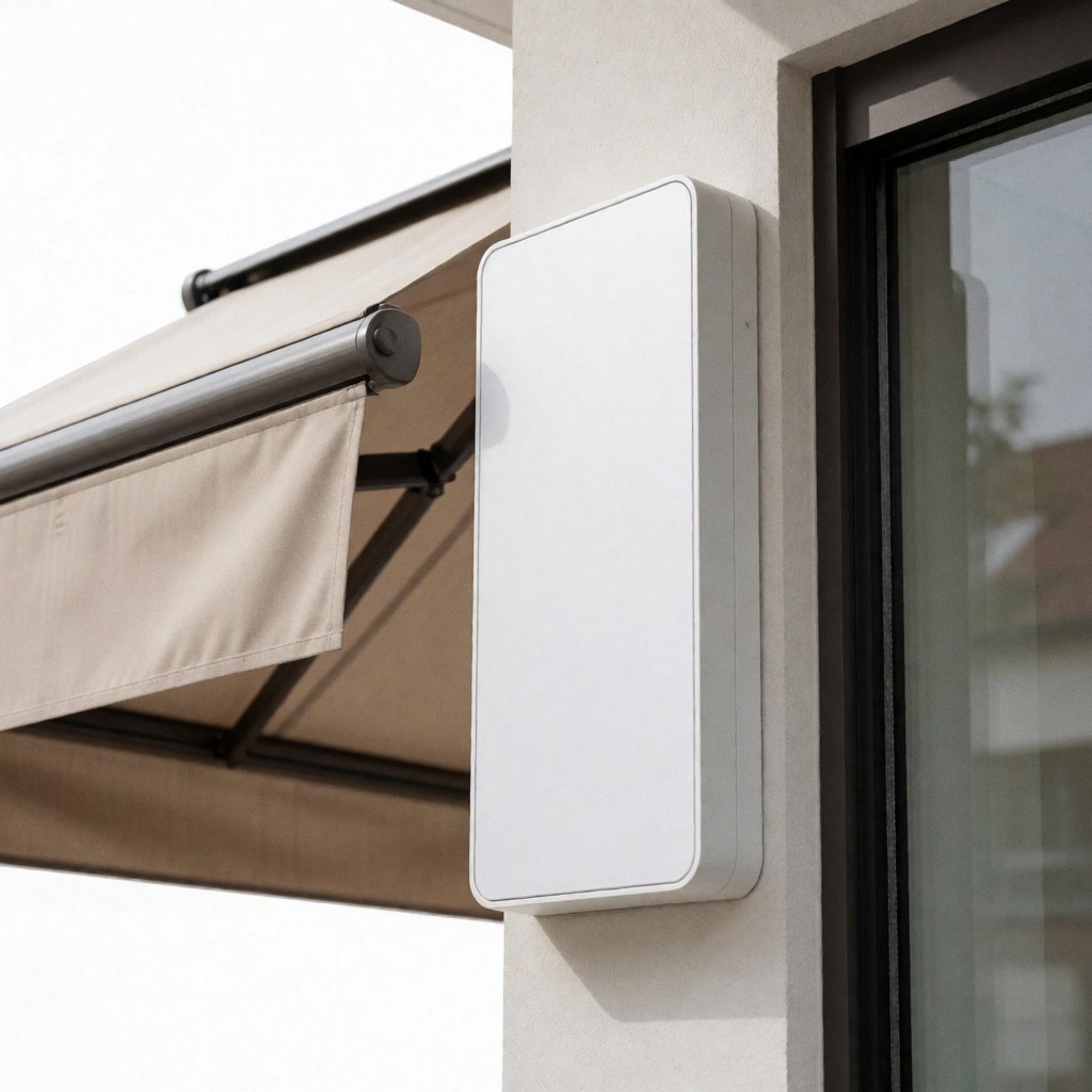 White rectangular panel mounted on a wall beside a partially extended beige awning, showcasing a clean exterior design for modern awning businesses.