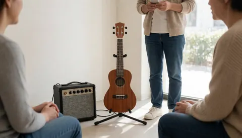 Ukulele on a stand with an amplifier in a cozy music classroom setting with people seated and one standing