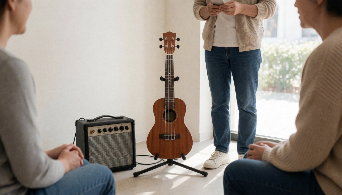 Ukulele on a stand with an amplifier in a cozy music classroom setting with people seated and one standing