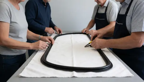 Close-up of hands using pliers to install a black door gasket on a white table in an appliance repair workshop.
