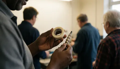 Close-up of a technician's hand holding teflon tape and a gas fitting during stove repair work in a workshop with warm white walls.