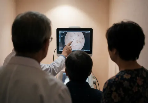 Dermatologist in white coat points to digital skin analysis on screen while client and companion observe results in beige-walled clinic