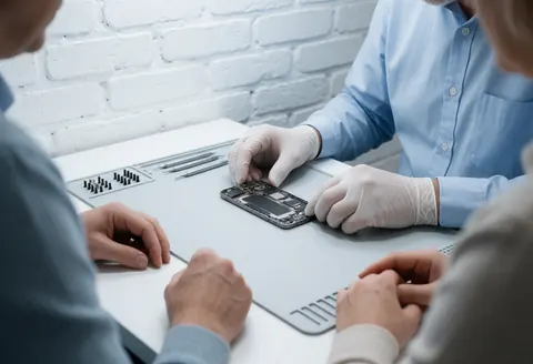 Technician wearing gloves aligns a phone casing on an anti-static table with a white brick wall in the background.