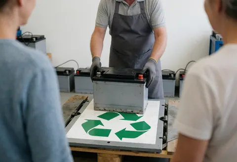 Technician wearing gloves places used battery on pallet with green symbol in recycling workshop