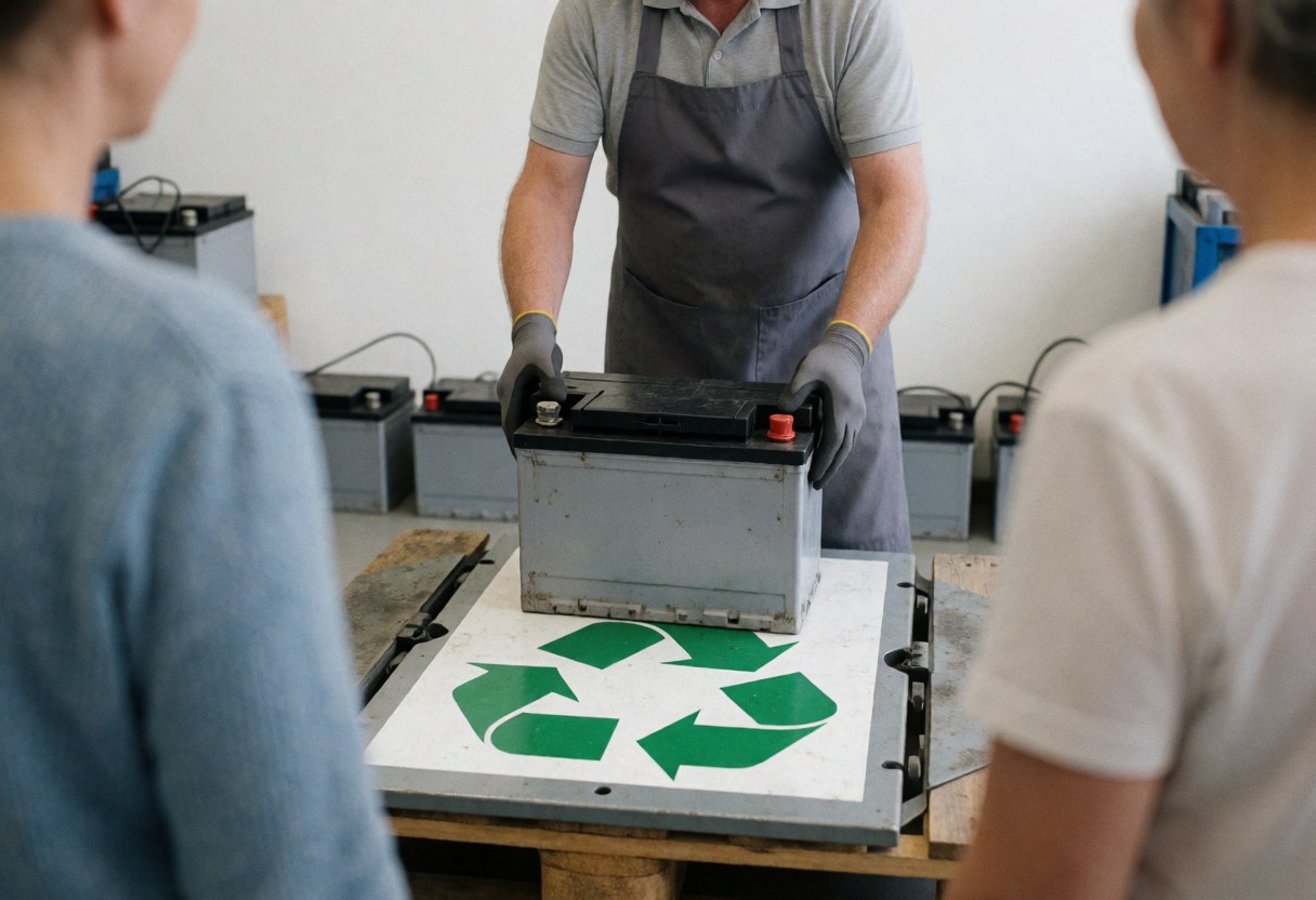 Technician wearing gloves places used battery on pallet with green symbol in recycling workshop