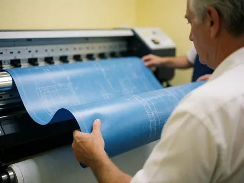 A man retrieves a roll of blue architectural prints from a large office printer against yellow walls
