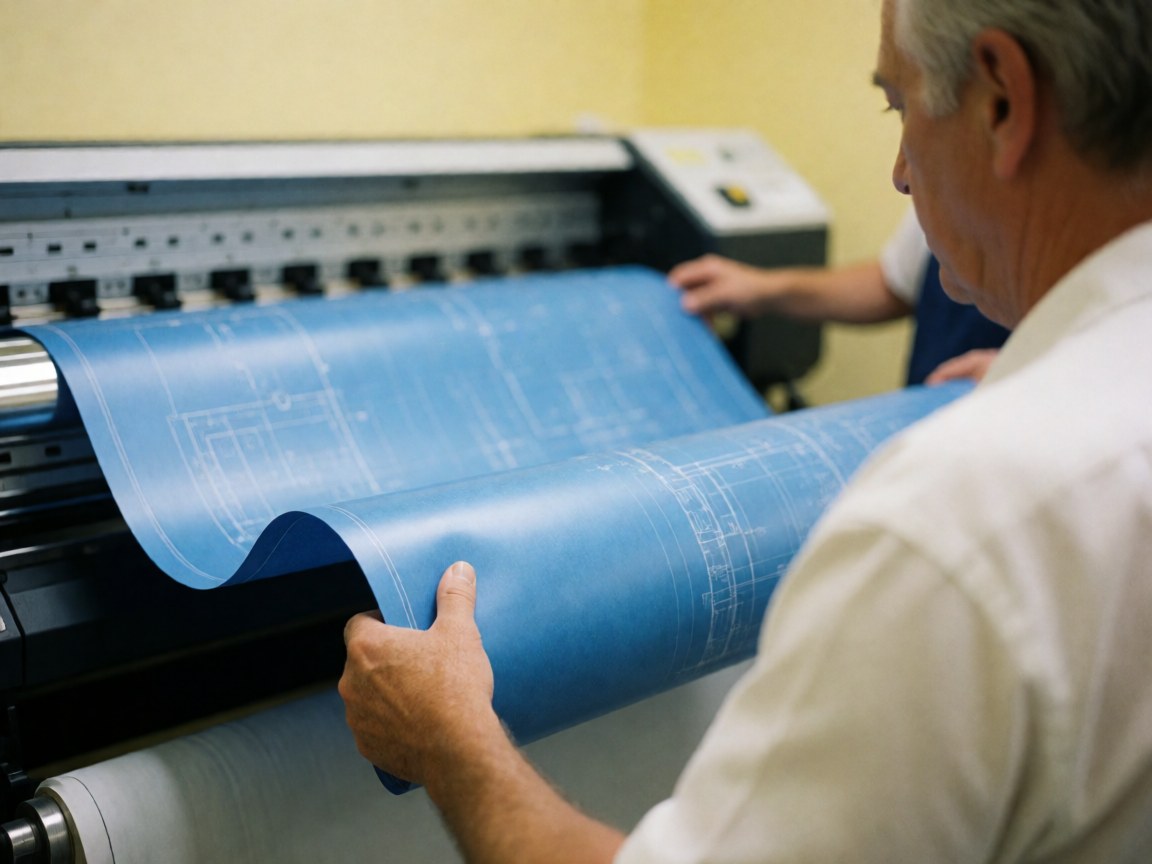 A man retrieves a roll of blue architectural prints from a large office printer against yellow walls