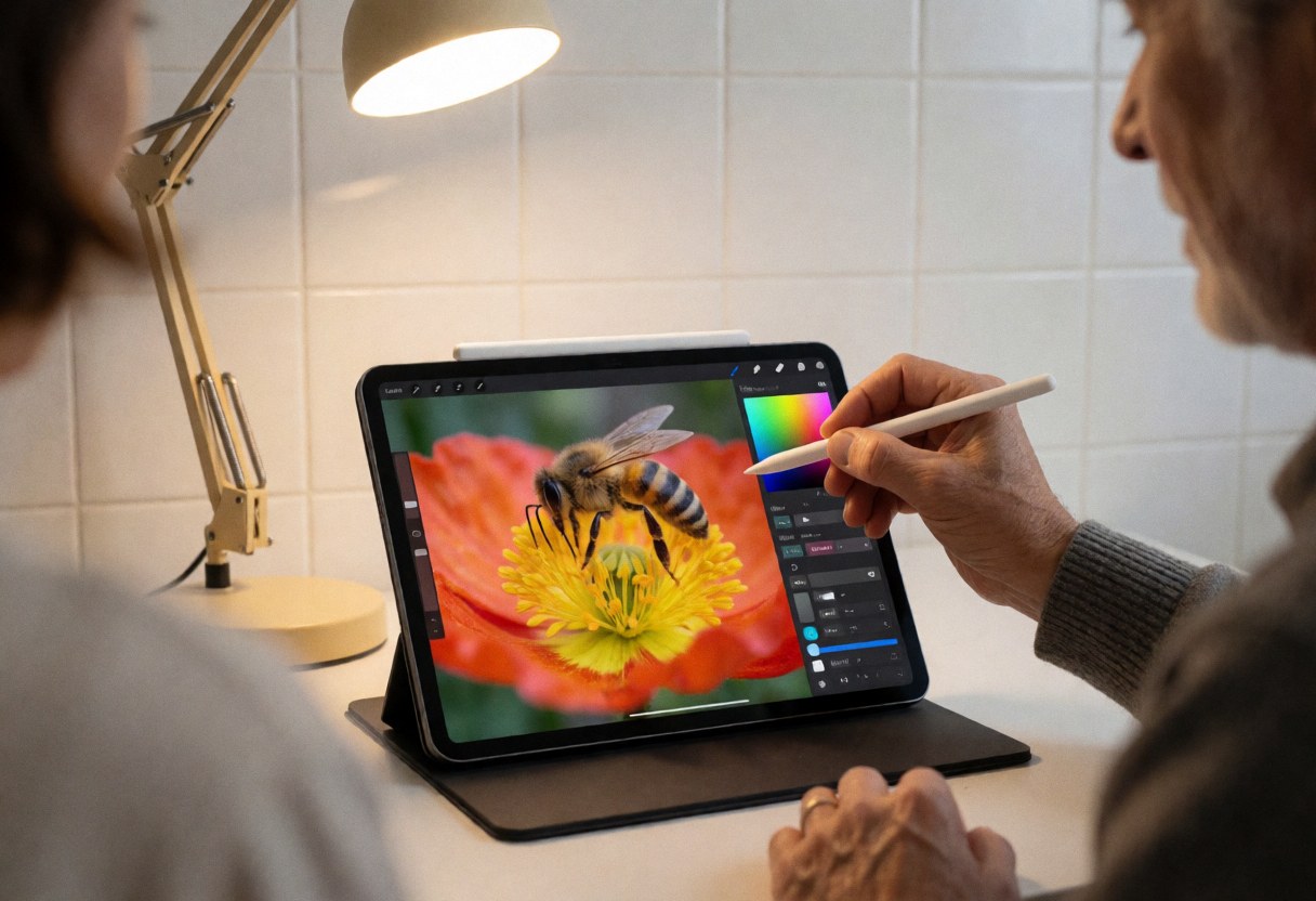 Hand editing a macro photo of a bee on a poppy using a tablet with desk lighting and a white tiled wall background