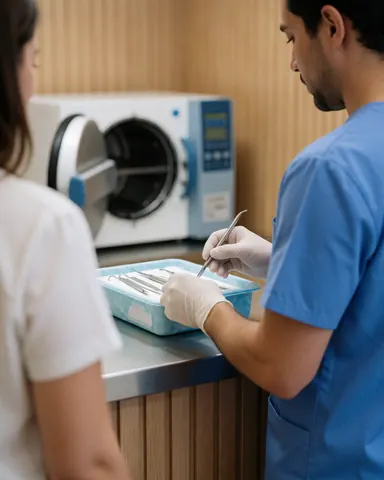 Sterile piercing instruments being prepared on a metal tray by a technician in a clinical setting