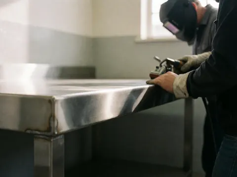 Welder wearing protective gear grinding the edge of a stainless steel table in an industrial workshop with natural light and a gray wall background.