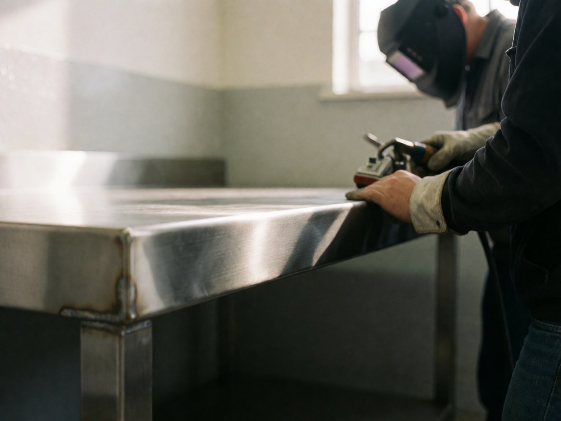 Welder wearing protective gear grinding the edge of a stainless steel table in an industrial workshop with natural light and a gray wall background.