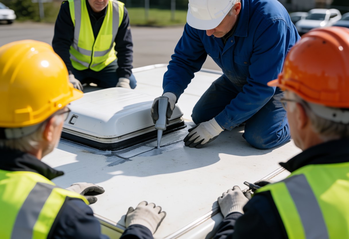 A technician applies sealant around a roof window on a white camper while other workers in safety gear observe nearby.