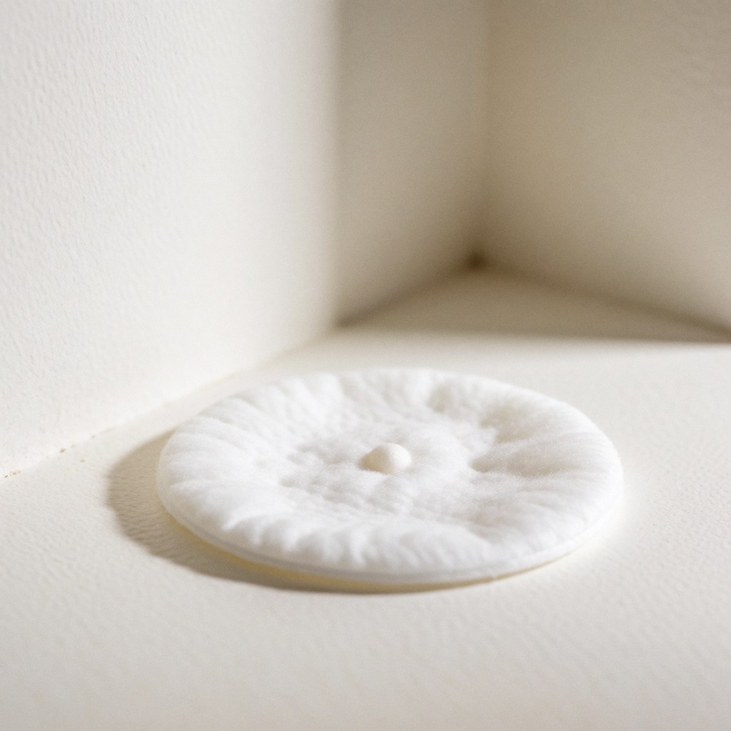 Close-up of a white cotton pad featuring a small black dot in the corner, highlighting texture for facial cleansing products