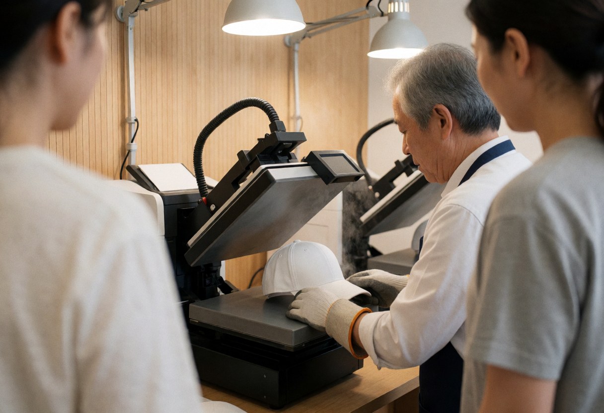 A worker wearing gloves places a white cap onto a heat press machine while steam rises, with two observers watching in the background.