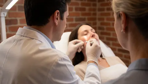 A dermatologist wearing gloves applies a chemical peel solution to a patient's face in a clinical setting with brick walls.