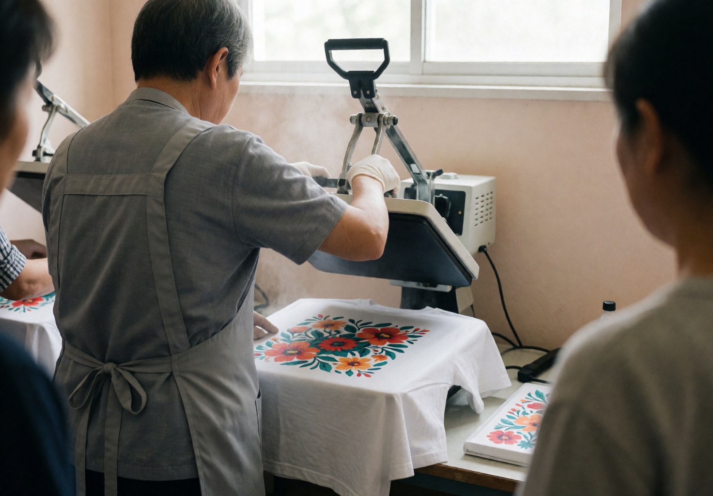 Technician wearing gloves uses a heat press machine to apply a floral design onto a white t-shirt, with visible steam rising from the heated plate against a beige wall background.