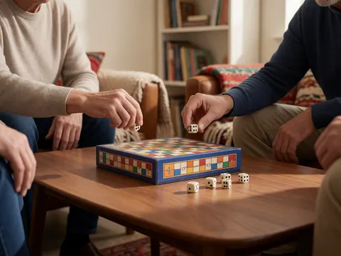Close-up of hands rolling dice on a board game box placed on a wooden table with a bookshelf and warm textiles in the background.