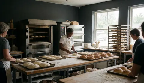 Workers shaping dough on wooden tables with flour in front of industrial ovens