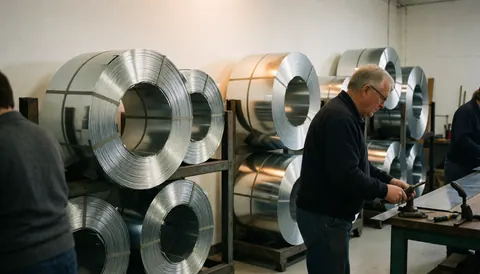A worker uses a cutting tool on a sheet of galvanized steel surrounded by large steel coils on shelves in a metal workshop.