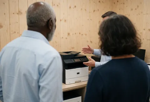 Technician explaining a multifunction printer to a customer in a store with wooden walls, showing the equipment in action.
