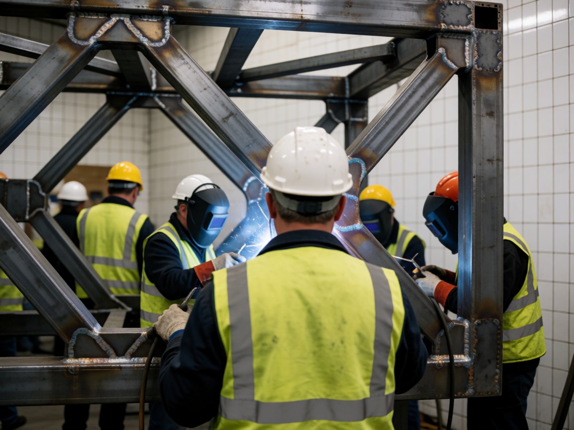 Welders wearing safety gear working on a metal structure in a workshop