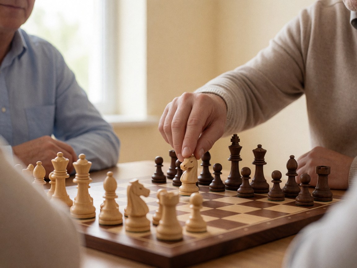 Close-up of an adult hand moving a chess knight piece on a wooden chessboard in a bright room with beige walls and natural light.