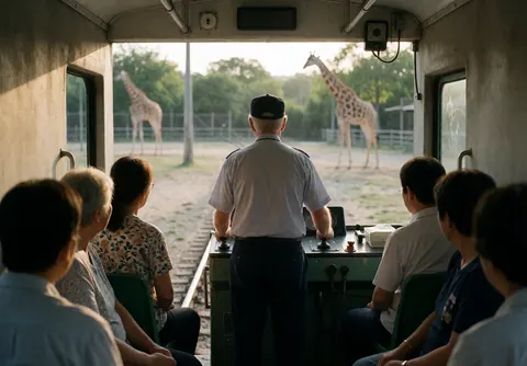 Train conductor in uniform guides a tourist train through a zoo with giraffes visible in the background.
